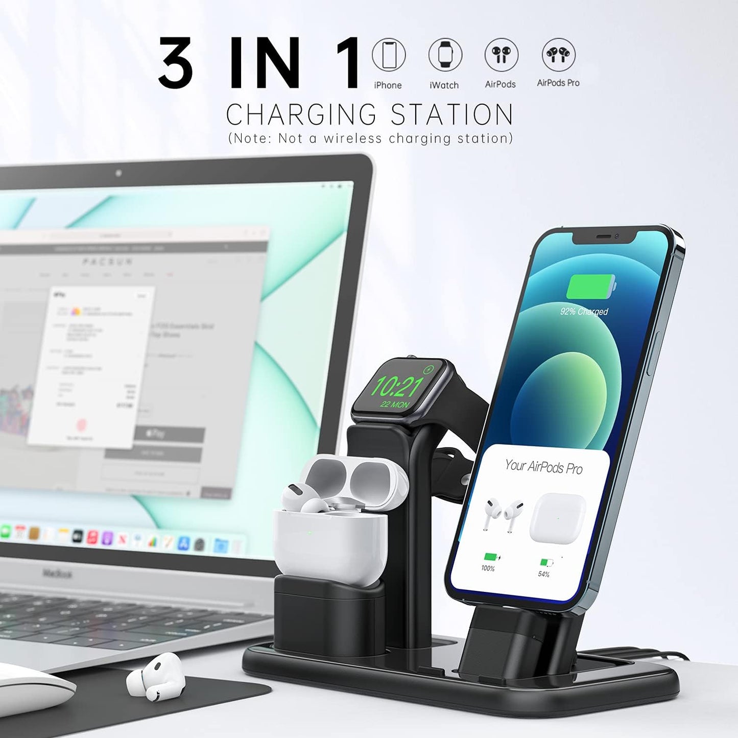 Upgraded 3 in 1 Charging Stand for Iwatch Series 7/6/5/4/3/2/1, Charging Station Dock Compatible with Airpods Pro/1/2 Iphone Series 13/12/11/Pro/X/Xs/Xr/8/7(Charger & Cables Required)
